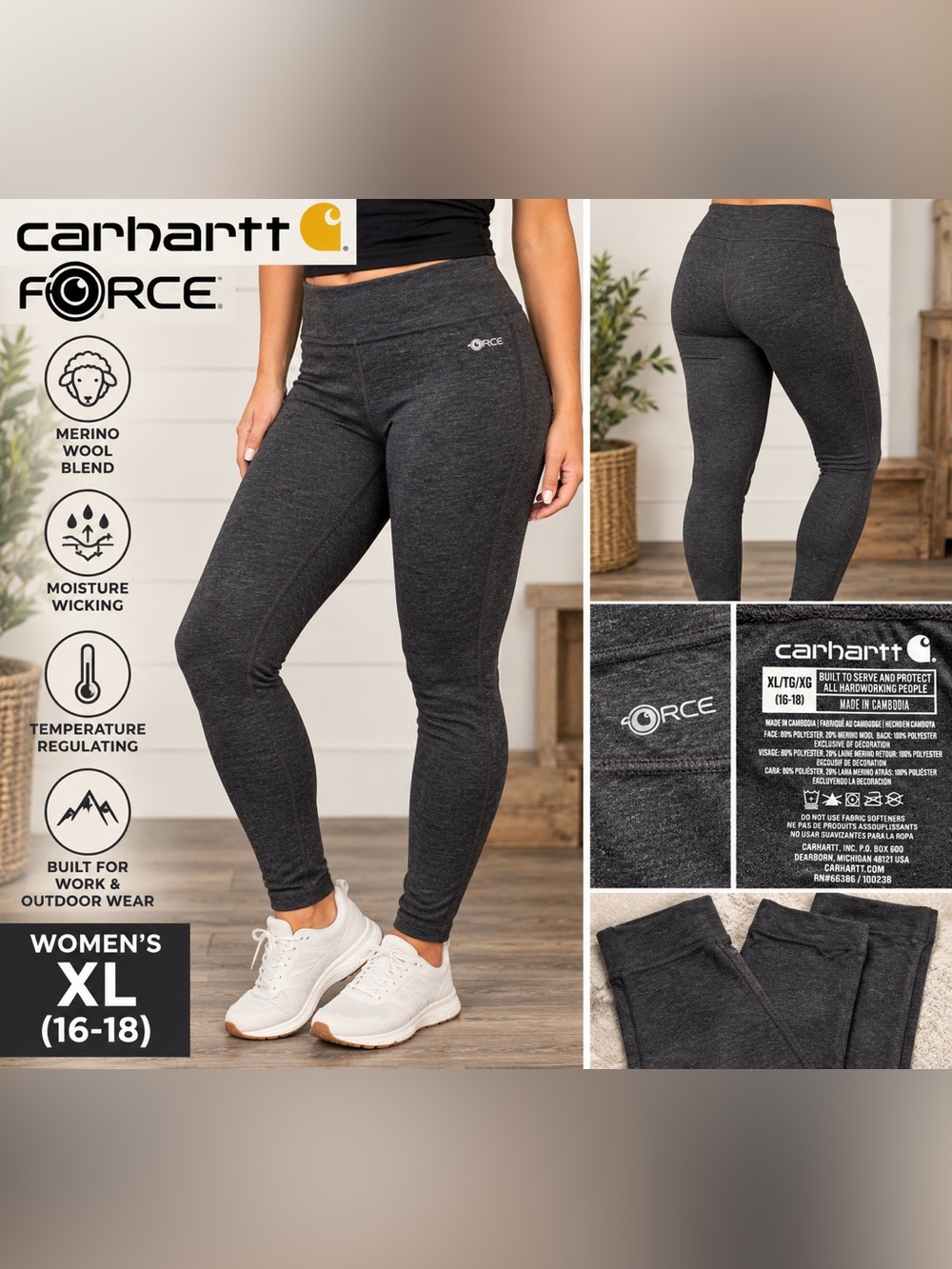 Carhartt Force Women’s Merino Wool Leggings Pants Gray XL 16-18
